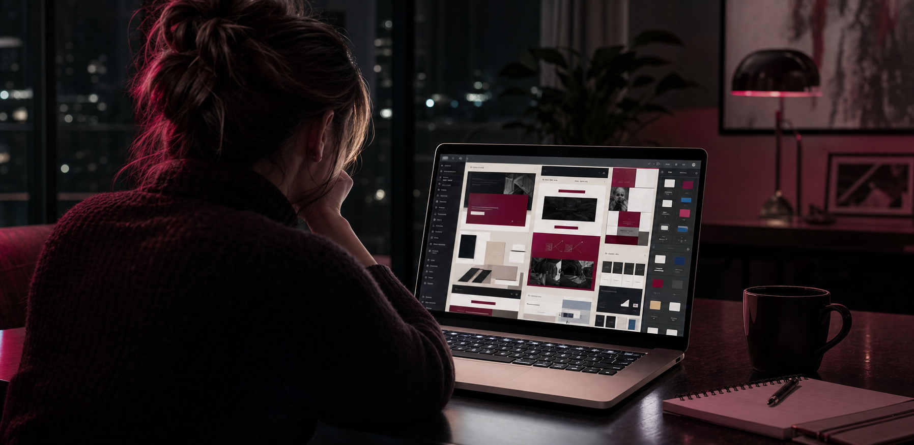 Mulher cansada diante de um construtor de landing pages desorganizado