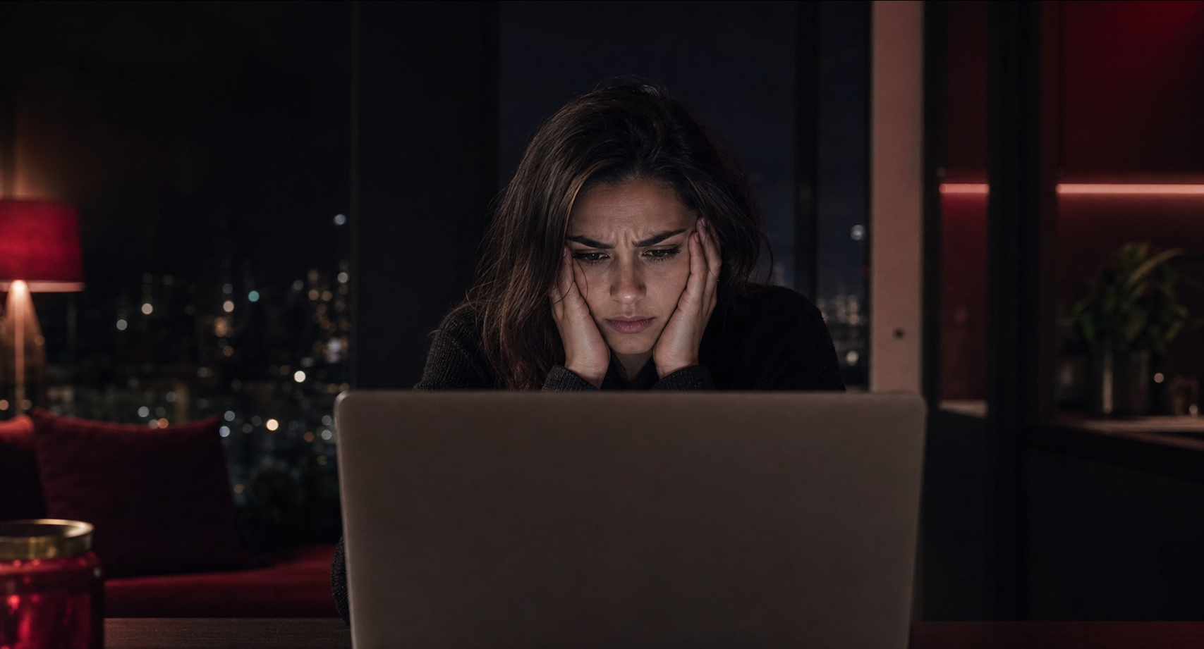 Mulher frustrada diante do laptop em seu apartamento à noite